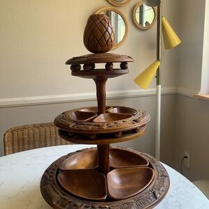 Vintage Carved Wooden 3 Tiered Serving Tray Lazy Susan